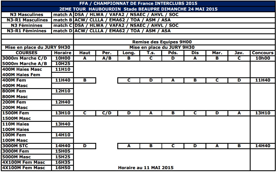 Horaire 2nd tour interclub