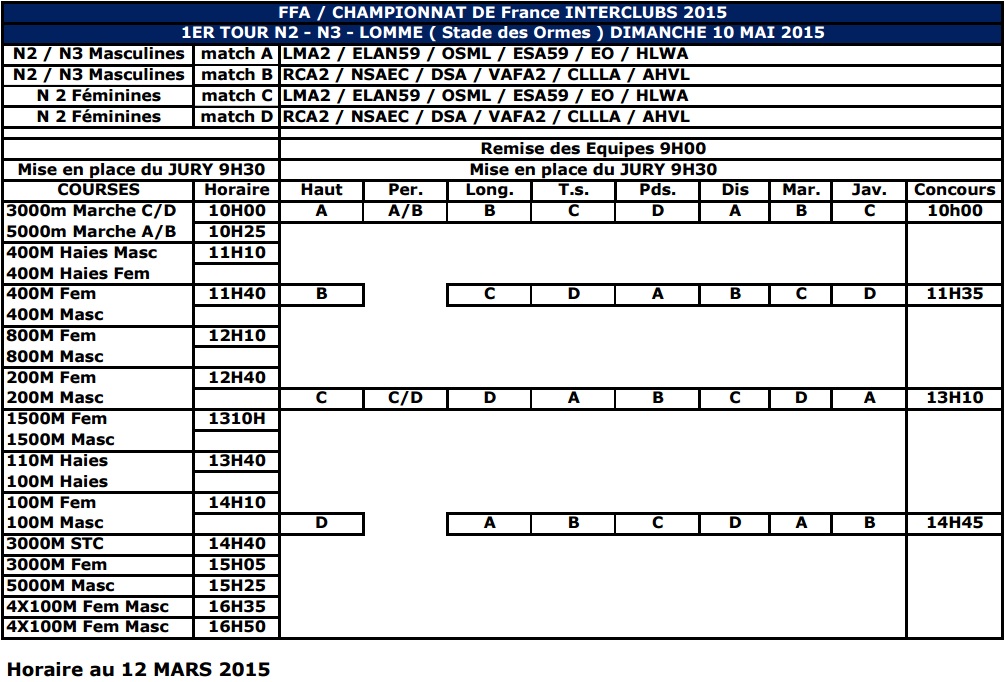 Horaires 1er tour interclub